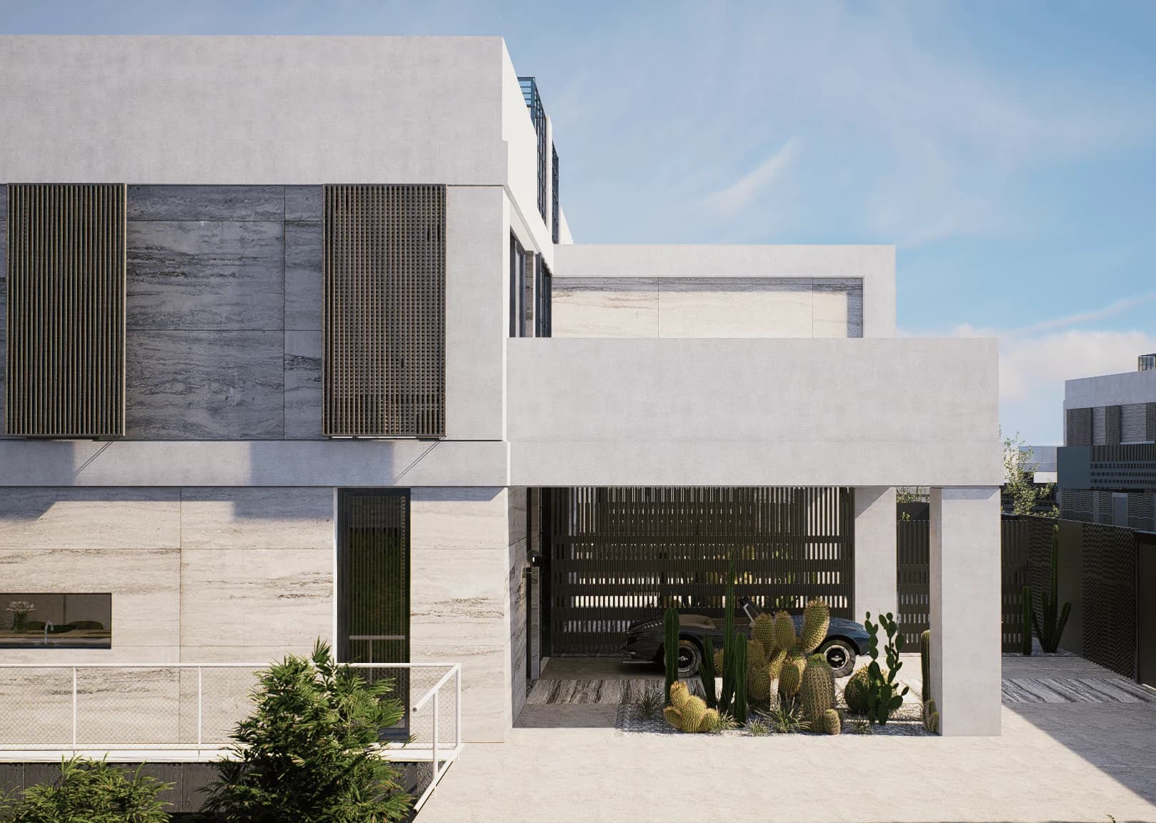 Architectural render of Regent Villas: pale stone, shaded glazing and clean horizontal lines