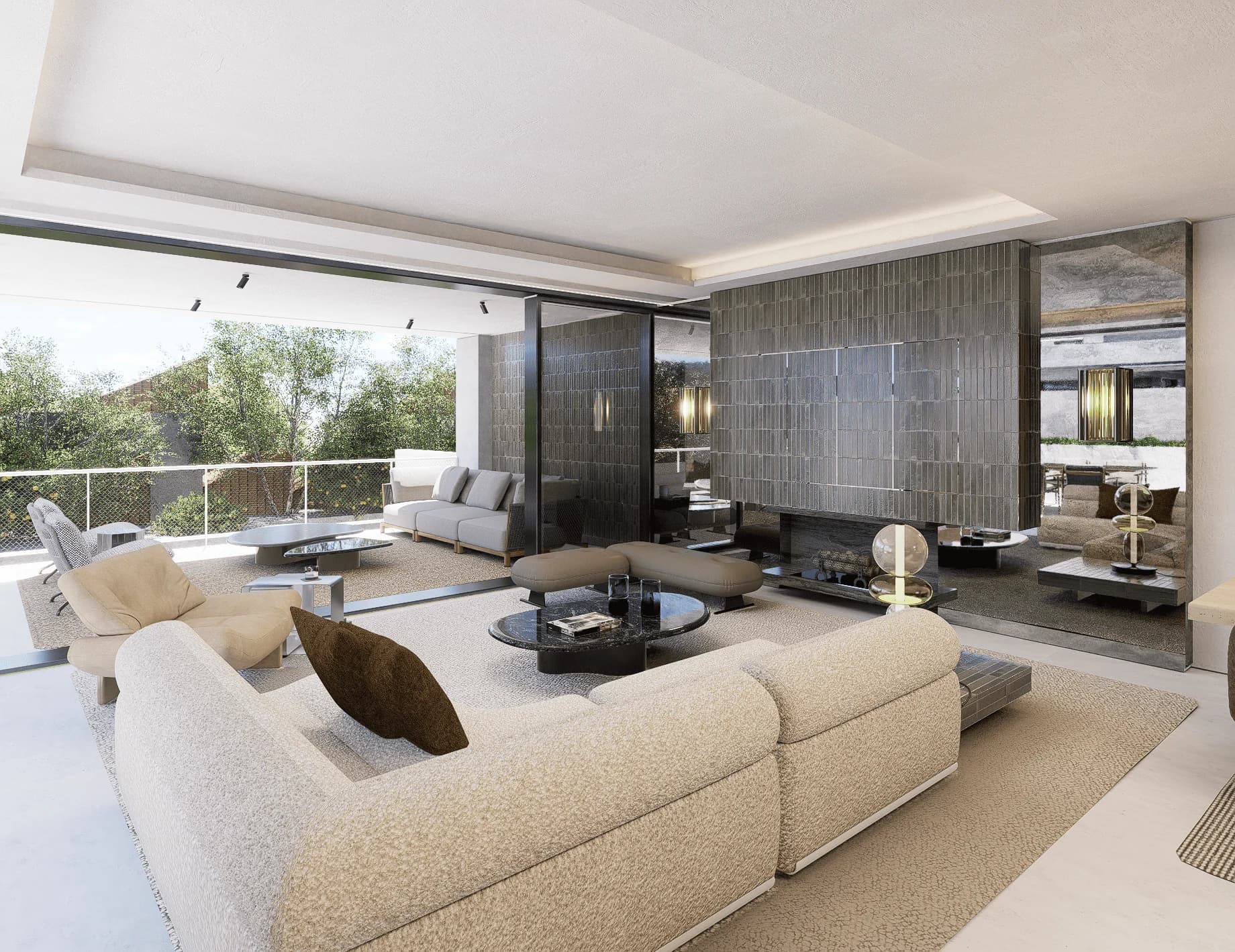 Living room at Regent Villas: pale upholstery, a glazed-tile fireplace wall and the terrace beyond